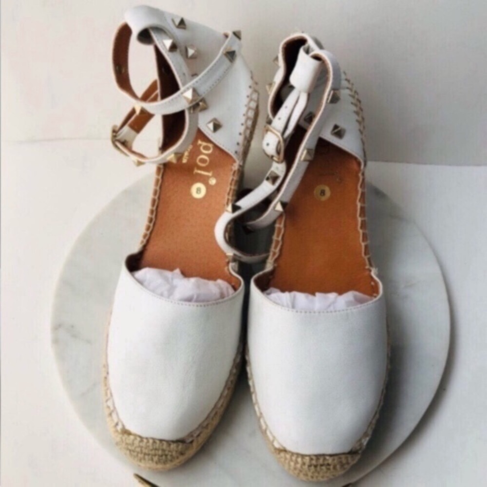 Maypol White Leather Wrap Espadrille Wedges